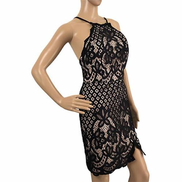 NEW City Studio Womens Dress 5 Medium Black Tan Lace Overlay Floral Open Back - Picture 1 of 12